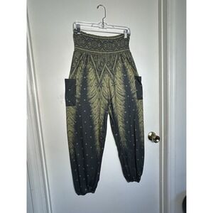 Qianxizhan Peacock Print Harem Pants Bohemian Hippie Smocked Waist With Pocket